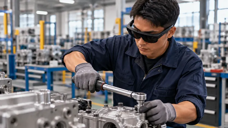 Un salarié, lunettes de réalité augmentée sur les yeux, réalise un serrage à la clé sur un ensemble mécanique, à son poste de travail.