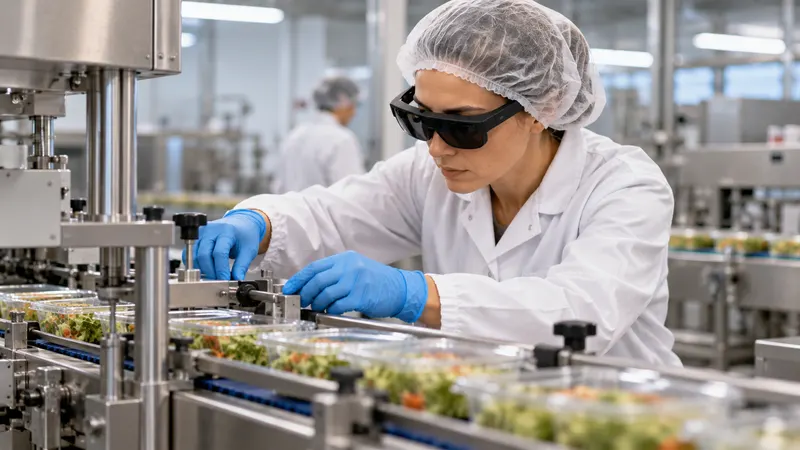 Une opératrice en tenue d’hygiène, lunettes de réalité augmentée sur les yeux, ajuste une pièce sur une ligne de conditionnement en inox.