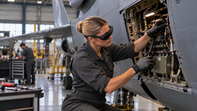 Une mécanicienne, lunettes de réalité augmentée sur les yeux, intervient dans une trappe ouverte sur le fuselage d’un avion, dans un hangar.