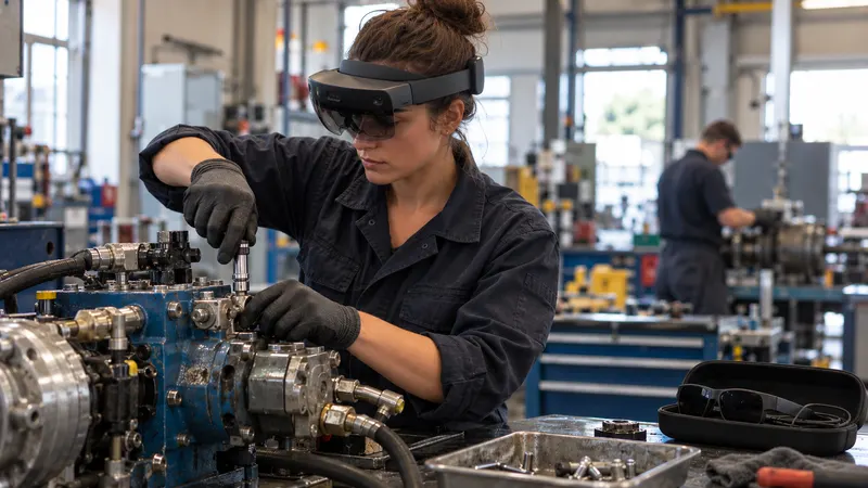Une technicienne, casque de réalité mixte sur la tête, intervient sur une pompe hydraulique ; à côté d’elle, des lunettes de réalité augmentée dans leur étui.