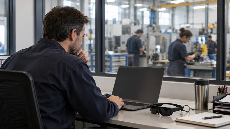 Dans un bureau vitré qui donne sur l’atelier, un formateur travaille sur son ordinateur portable, des lunettes de réalité augmentée posées à côté.