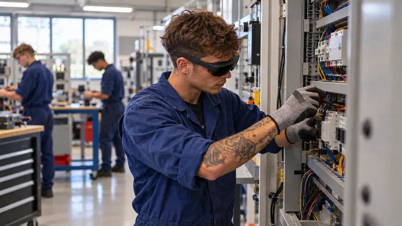 Un étudiant, lunettes de réalité augmentée sur les yeux, câble une armoire électrique dans un atelier technique.