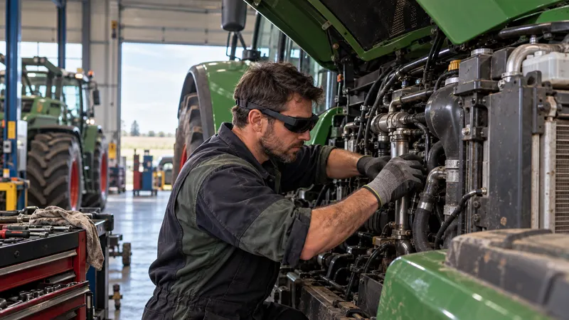 Un mécanicien, lunettes de réalité augmentée sur les yeux, intervient sur le moteur d’un tracteur, capot ouvert, dans l’atelier d’un concessionnaire.