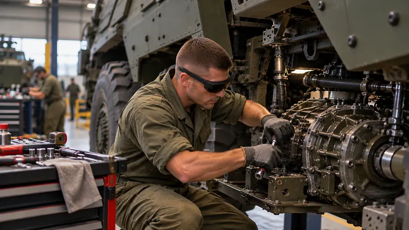 Un mécanicien militaire, lunettes de réalité augmentée sur les yeux, intervient sur la transmission d’un véhicule blindé à l’atelier.