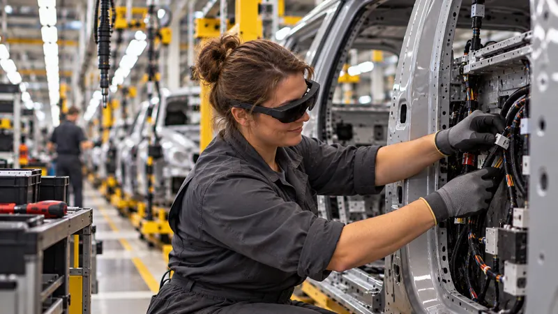 Une opératrice, lunettes de réalité augmentée sur les yeux, installe un faisceau électrique dans une caisse de voiture sur la ligne d’assemblage.
