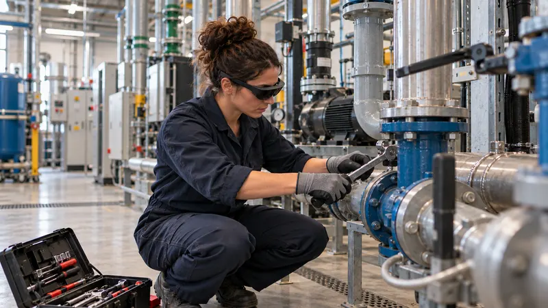 Dans une salle technique, une technicienne de maintenance, lunettes de réalité augmentée sur les yeux, serre un raccord de tuyauterie, sa caisse à outils ouverte à ses pieds.