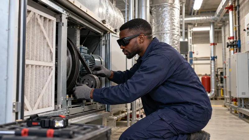 Un technicien de maintenance, lunettes de réalité augmentée sur les yeux, intervient sur une centrale de traitement d’air ouverte, dans un local technique.