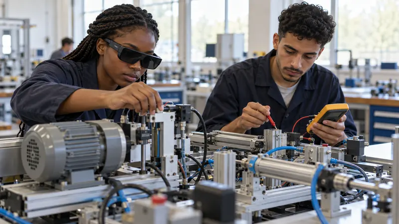 Deux étudiants interviennent sur une plateforme électromécanique ; l’une porte des lunettes de réalité augmentée, l’autre prend une mesure au multimètre.