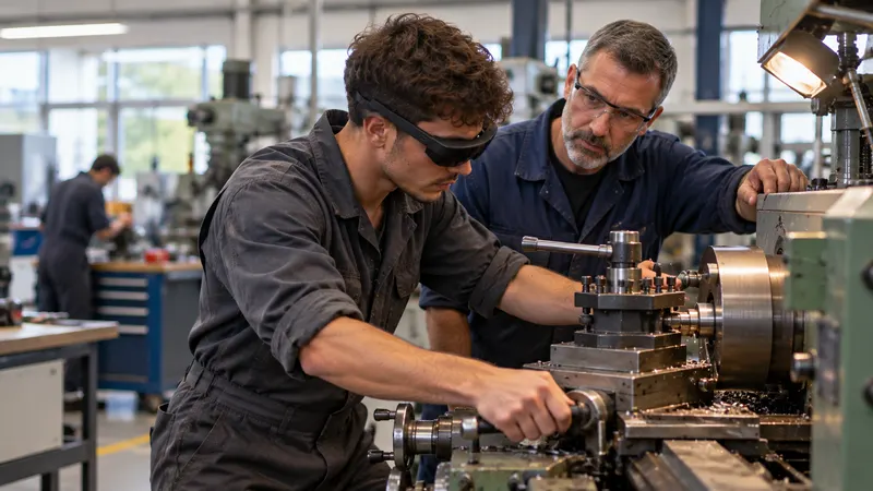 Un apprenti, lunettes de réalité augmentée sur les yeux, règle un tour industriel sous le regard de son maître d’apprentissage.