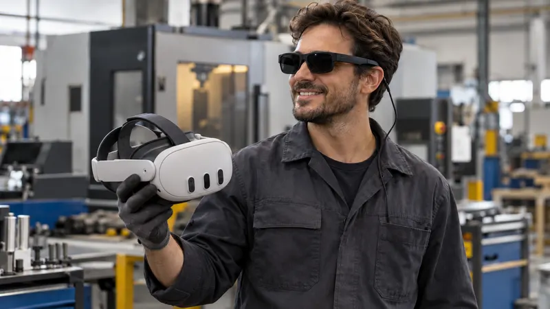 Un technicien souriant, lunettes de réalité augmentée sur les yeux, tient à la main un ancien casque, plus volumineux.