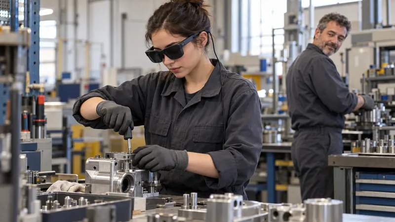 Une nouvelle recrue, lunettes de réalité augmentée sur les yeux, réalise seule un montage à son poste, sous le regard satisfait de son tuteur, retourné à sa propre production.