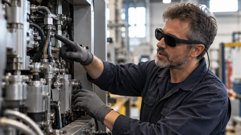 Un expert, lunettes de réalité augmentée sur les yeux, montre du doigt un point précis d’une machine en enregistrant sa consigne.