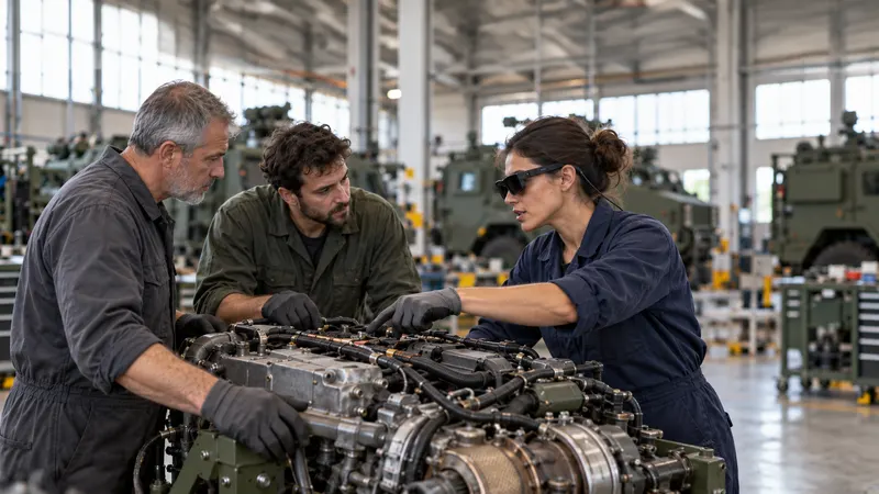 Dans un atelier de maintenance militaire, une technicienne, lunettes de réalité augmentée sur les yeux, guide deux collègues autour d’un moteur posé sur un bâti.
