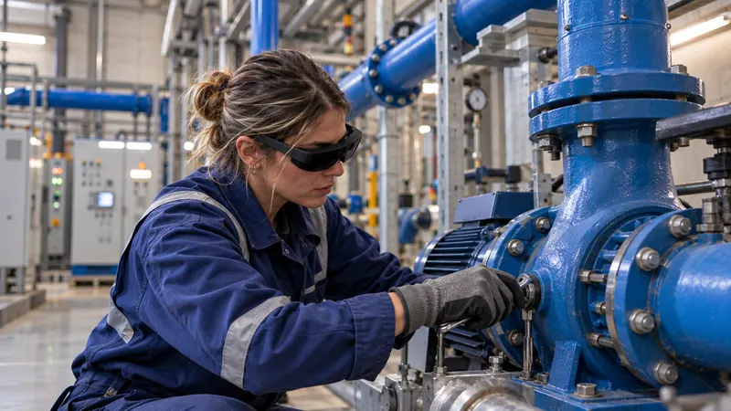 Une technicienne, lunettes de réalité augmentée sur les yeux, entretient une pompe industrielle dans le local technique d’une station de traitement de l’eau.