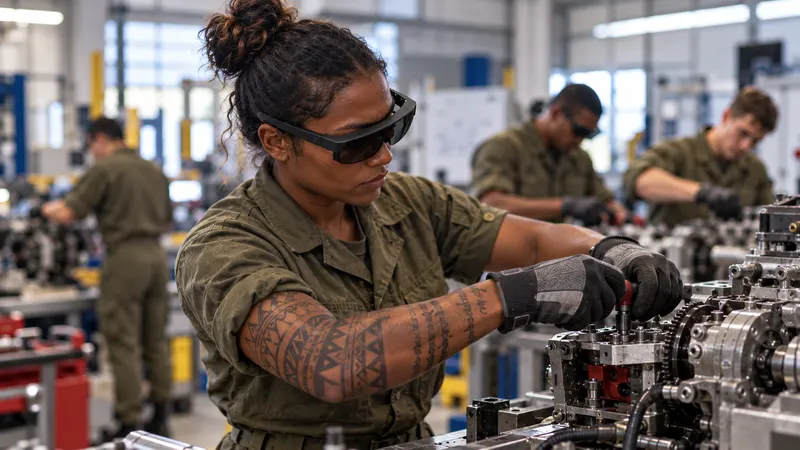 Une élève militaire, lunettes de réalité augmentée sur les yeux, démonte un sous-ensemble mécanique dans l’atelier d’instruction.