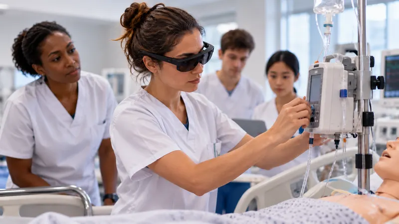 Une étudiante infirmière, lunettes de réalité augmentée sur les yeux, règle un pousse-seringue en salle de simulation, sous le regard de sa formatrice.