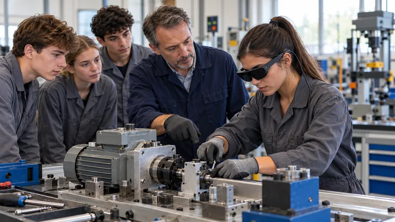 Sur un plateau technique, une élève, lunettes de réalité augmentée sur les yeux, réalise un montage devant son enseignant et trois camarades attentifs.