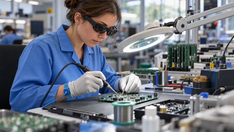 Une technicienne en blouse antistatique, lunettes de réalité augmentée sur les yeux, soude un composant sur une carte électronique, sous une loupe éclairante.