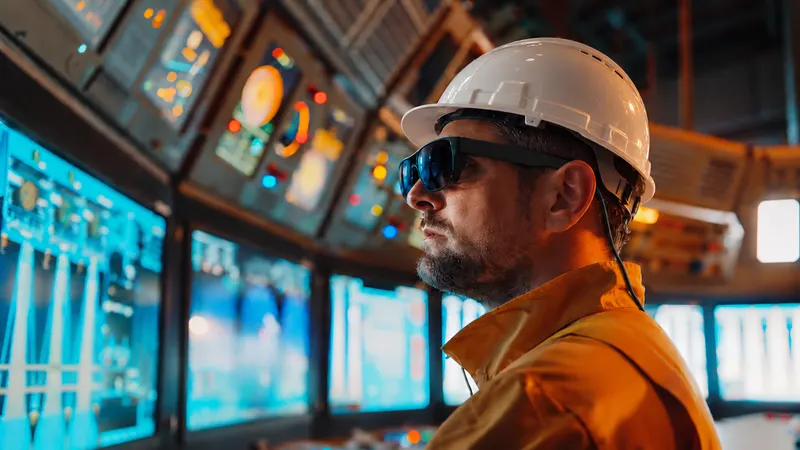 Un opérateur en veste de travail orange, casque de chantier blanc sur la tête et lunettes de réalité augmentée sur les yeux, devant les pupitres et les écrans d’une salle de commande.