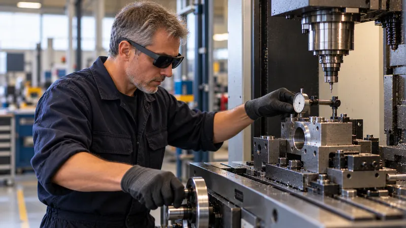 Un technicien expérimenté, lunettes de réalité augmentée sur les yeux, règle une pièce au comparateur sur un centre d’usinage.