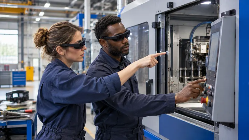 Une technicienne de mise en service et un opérateur, lunettes de réalité augmentée sur les yeux, au pupitre d’une machine industrielle neuve.