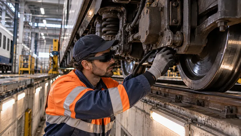 Un technicien, lunettes de réalité augmentée sur les yeux, contrôle un bogie de train depuis la fosse de visite d’un atelier.