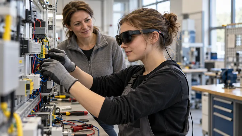 Une apprentie, lunettes de réalité augmentée sur les yeux, réalise un câblage sur une armoire électrique, sous le regard bienveillant de sa tutrice.