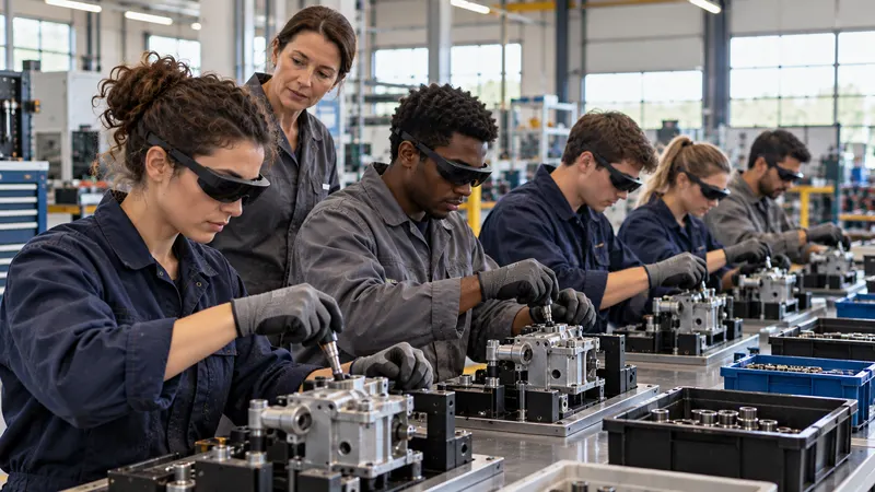 Une rangée d’apprenants réalise le même geste d’assemblage, chacun avec des lunettes de réalité augmentée, sous le regard d’une formatrice.