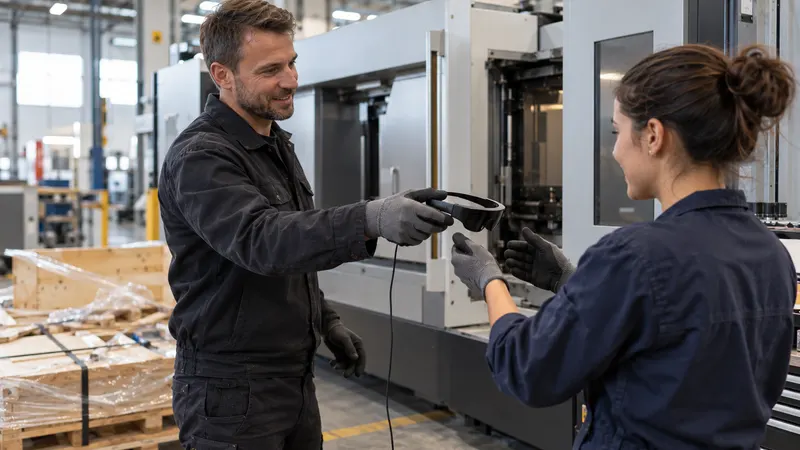 À la livraison d’une machine neuve, le technicien du fabricant tend des lunettes de réalité augmentée à l’opératrice du client.