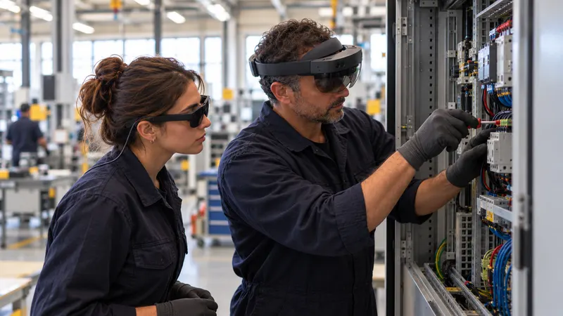 Zkušený technik s headsetem pro smíšenou realitu pracuje na elektrickém rozvaděči; vedle něj mladá technička sleduje postup v brýlích pro rozšířenou realitu.