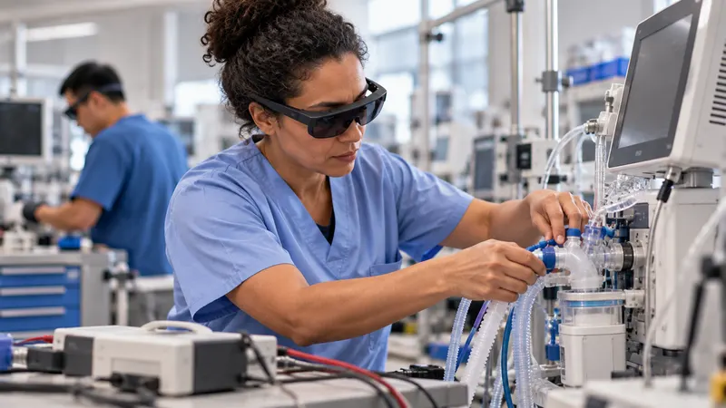 Une technicienne biomédicale, lunettes de réalité augmentée sur les yeux, contrôle un appareil médical dans l’atelier biomédical d’un hôpital.