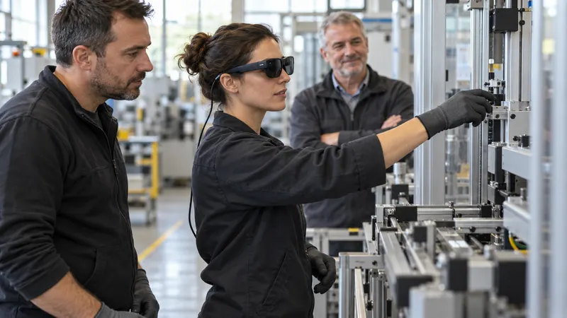 Technička v brýlích pro rozšířenou realitu seřizuje automatizovaný stroj; kolega a vedoucí výroby ji pozorují.