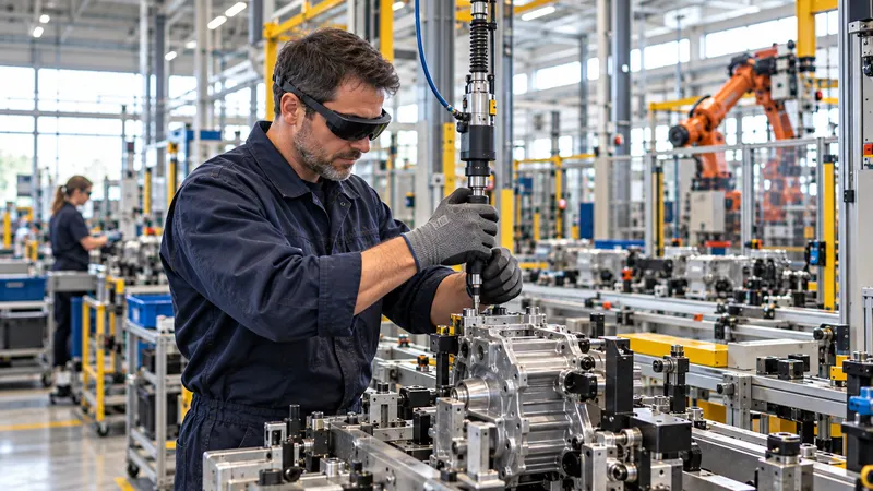 Un opérateur, lunettes de réalité augmentée sur les yeux, intervient les deux mains sur l’outil sur une ligne de production automatisée.