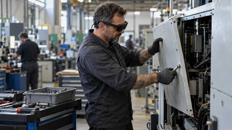 Un technicien, lunettes de réalité augmentée sur les yeux et gants aux mains, démonte le carter d’une machine-outil dans un atelier.