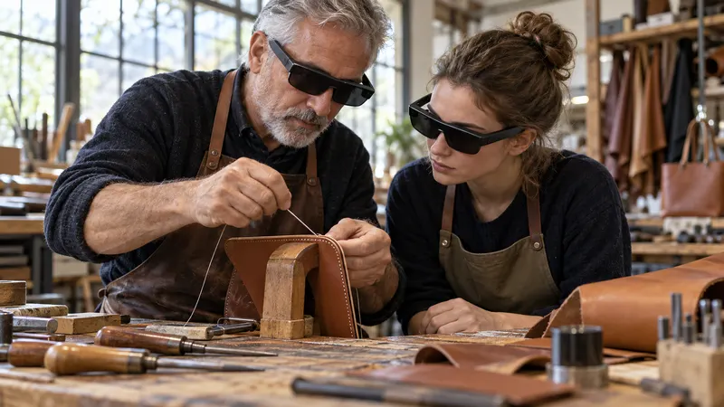 Un artisan maroquinier expérimenté montre un point de couture sellier à une jeune apprentie ; tous deux portent des lunettes de réalité augmentée.
