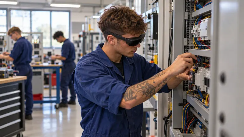 Un élève en bleu de travail, lunettes de réalité augmentée sur les yeux, câble une armoire électrique sur le plateau technique.