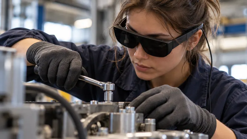 Une technicienne, lunettes de réalité augmentée sur les yeux, serre une pièce à la clé, les deux mains gantées sur l’équipement.