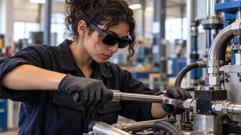 Une jeune apprentie, lunettes de réalité augmentée sur les yeux, serre un raccord avec une clé dynamométrique tenue à deux mains.