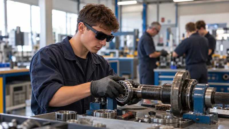 Un jeune apprenant, lunettes de réalité augmentée sur les yeux, remplace seul un roulement ; plus loin, le formateur accompagne un autre groupe.