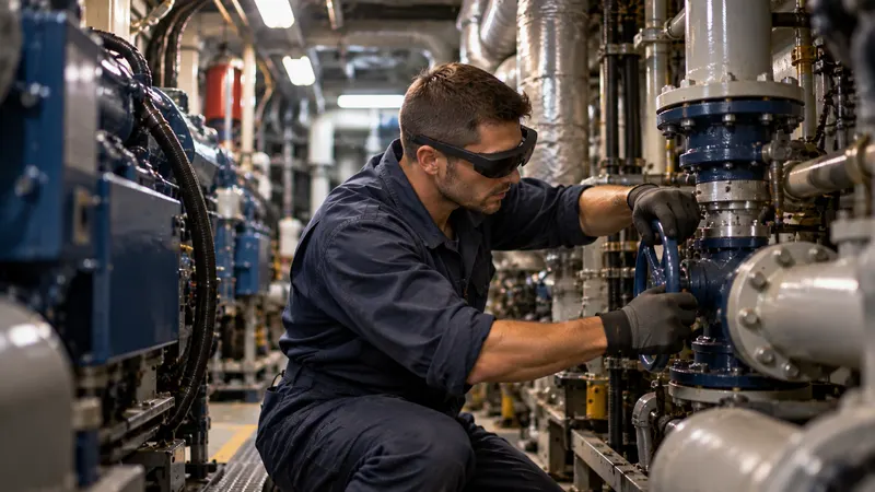 Un technicien, lunettes de réalité augmentée sur les yeux, manœuvre une vanne dans la salle des machines d’un navire.