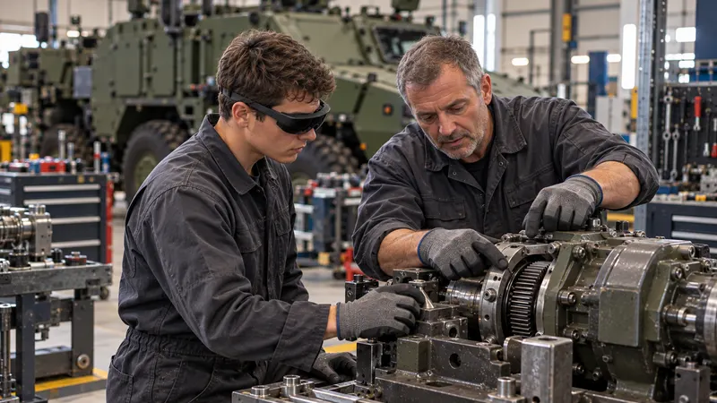 Un technicien expérimenté montre un geste de maintenance à un jeune technicien, lunettes de réalité augmentée sur les yeux, sur un sous-ensemble mécanique ; un véhicule militaire en arrière-plan.