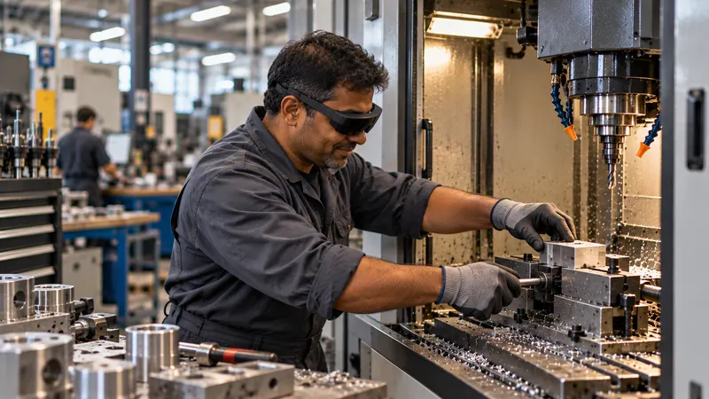 Un technicien, lunettes de réalité augmentée sur les yeux, règle une pièce dans l’étau d’un centre d’usinage.