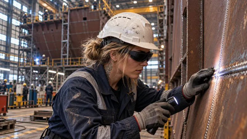 Une technicienne casquée, lunettes de réalité augmentée sur les yeux, contrôle une soudure sur une tôle de coque, dans un chantier naval.