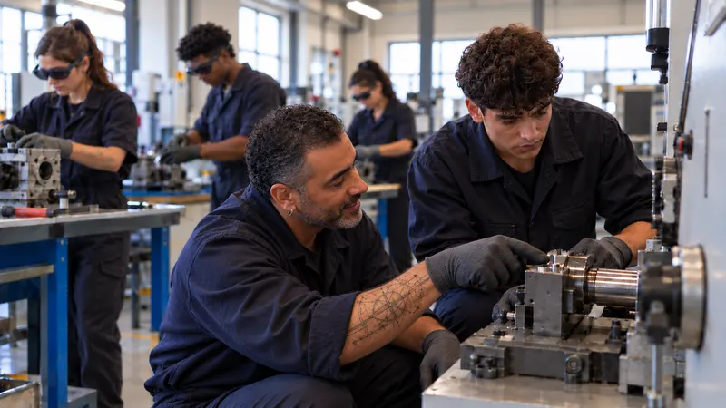 Un formateur, accroupi, explique un geste à un apprenant ; derrière eux, les autres apprenants, lunettes de réalité augmentée sur les yeux, travaillent seuls à leur poste.