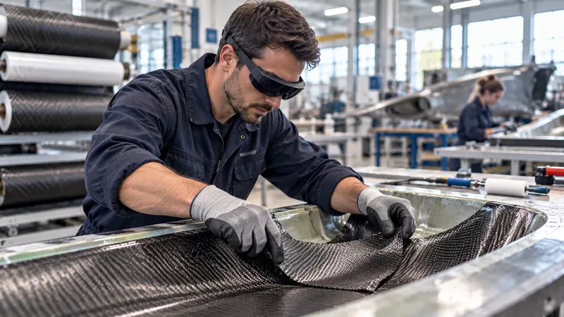 Un technicien, lunettes de réalité augmentée sur les yeux, dépose à la main un pli de fibre de carbone dans un moule.