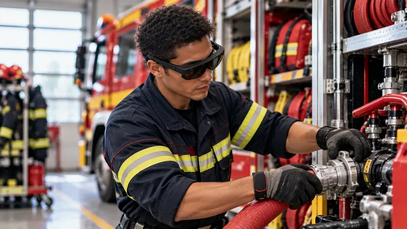 Un sapeur-pompier, lunettes de réalité augmentée sur les yeux, vérifie le matériel hydraulique rangé dans la remise, devant un engin d’incendie.