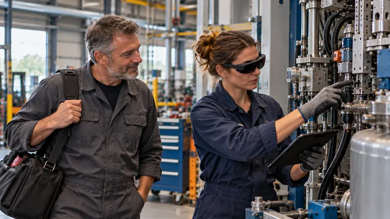 Passage de relais au pied d’une machine : un technicien qui part, sac à l’épaule, et sa remplaçante qui suit déjà la procédure, lunettes de réalité augmentée sur les yeux.