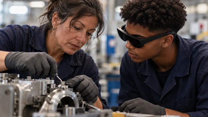 Une technicienne expérimentée réalise un réglage précis sur une machine, tandis qu’un jeune technicien, lunettes de réalité augmentée sur les yeux, observe de tout près.