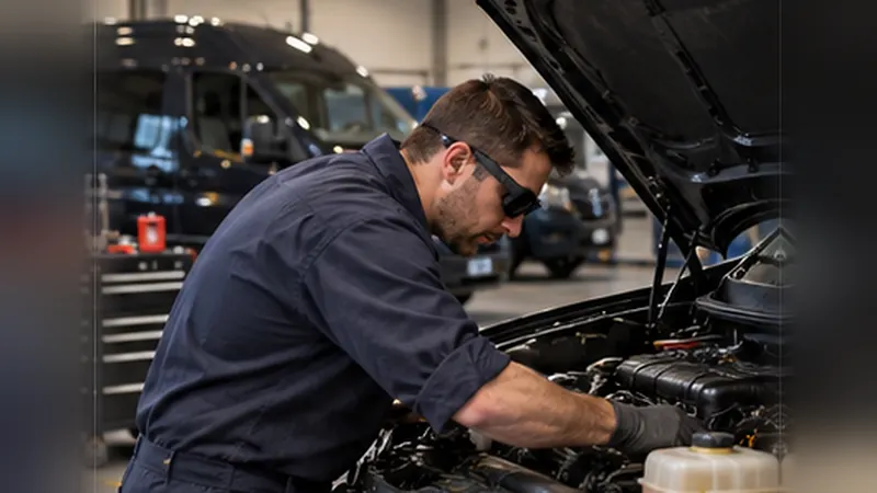 Un mécanicien, lunettes de réalité augmentée sur les yeux, intervient capot ouvert sur un fourgon d’intervention, dans un garage de maintenance.