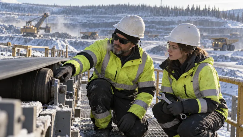 At a snow-covered open-pit mine, a technician wearing augmented reality glasses points out a conveyor roller to a young technician holding a wrench.